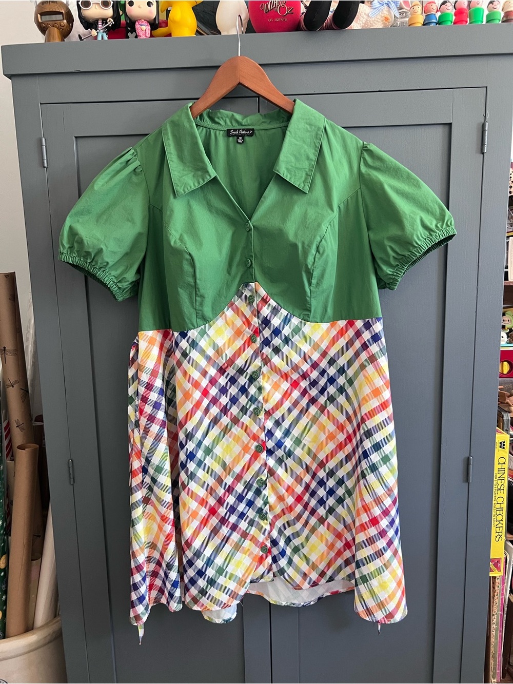 Retro looking Green Collared Two-Tone Plaid Women’s Dress
